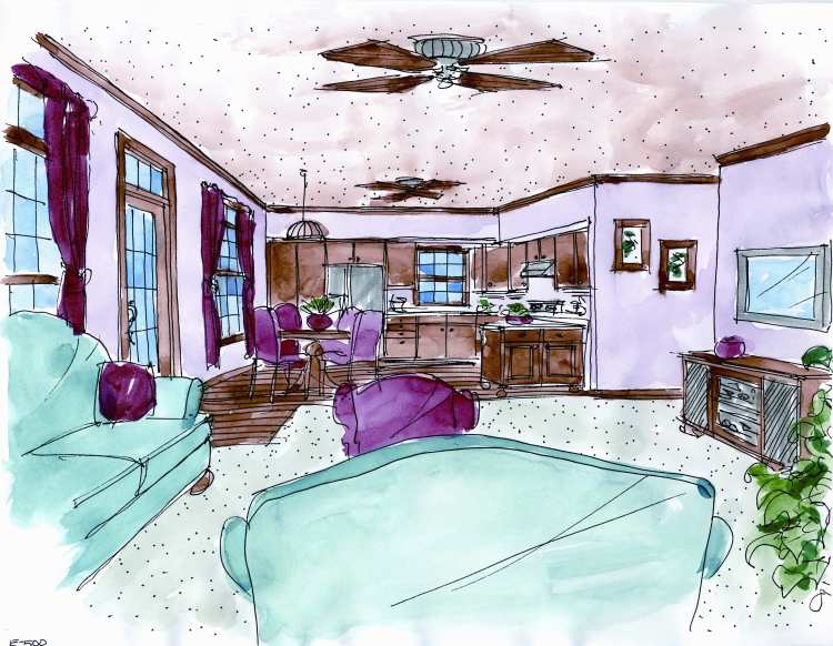 kitchen and dining as viewed from the living room image of Hickory Pass - 500 House Plan